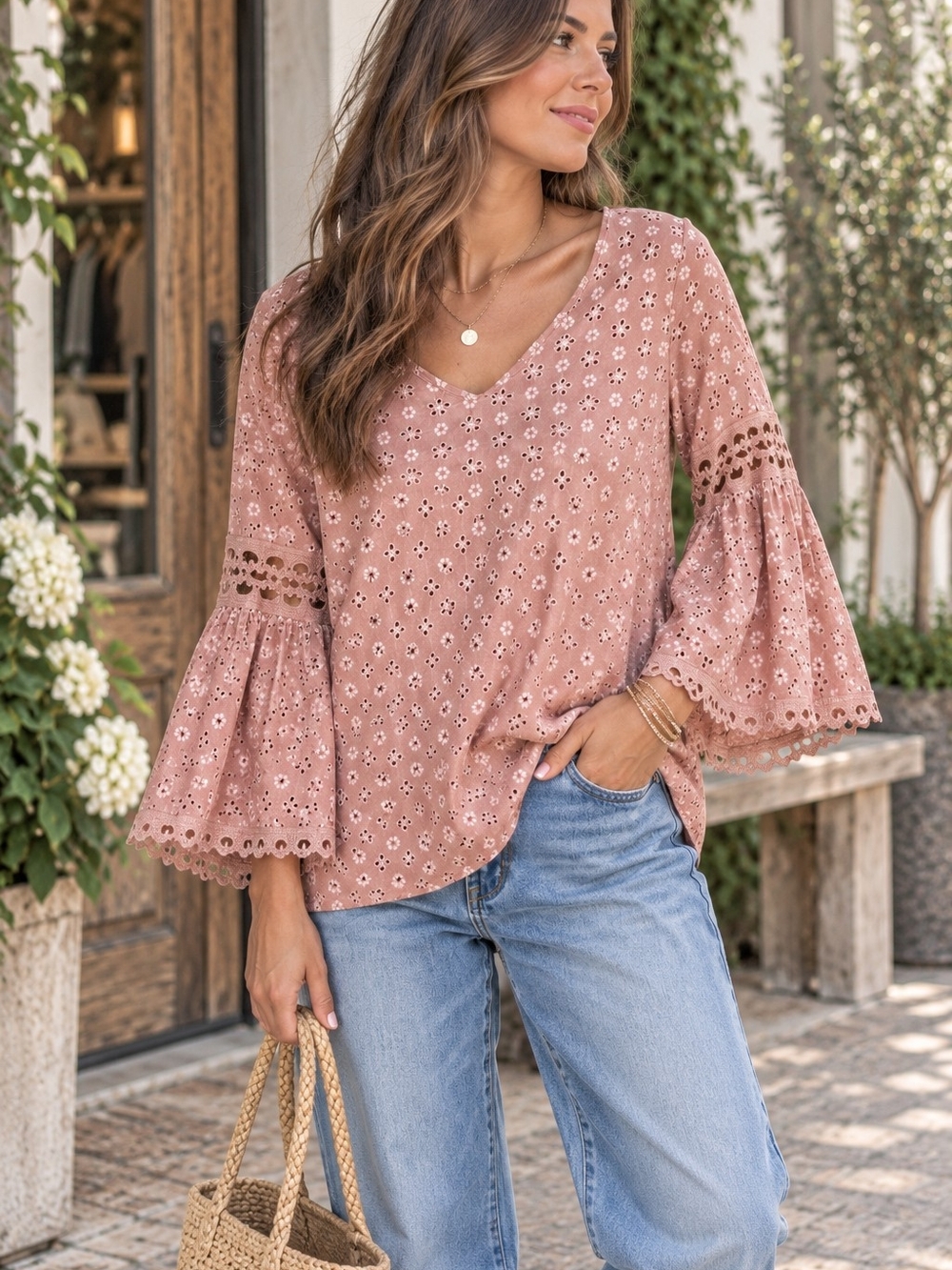 Women's Mauve Eyelet V-Neck Bell Sleeve Top